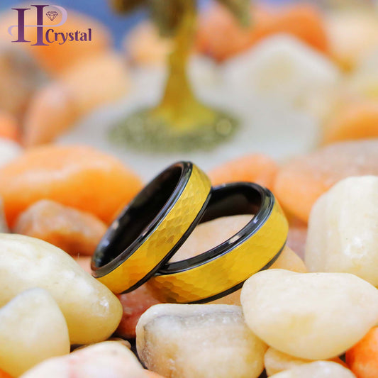 Yellow IP Hammered Center with Black IP Stepped Edge Tungsten Ring