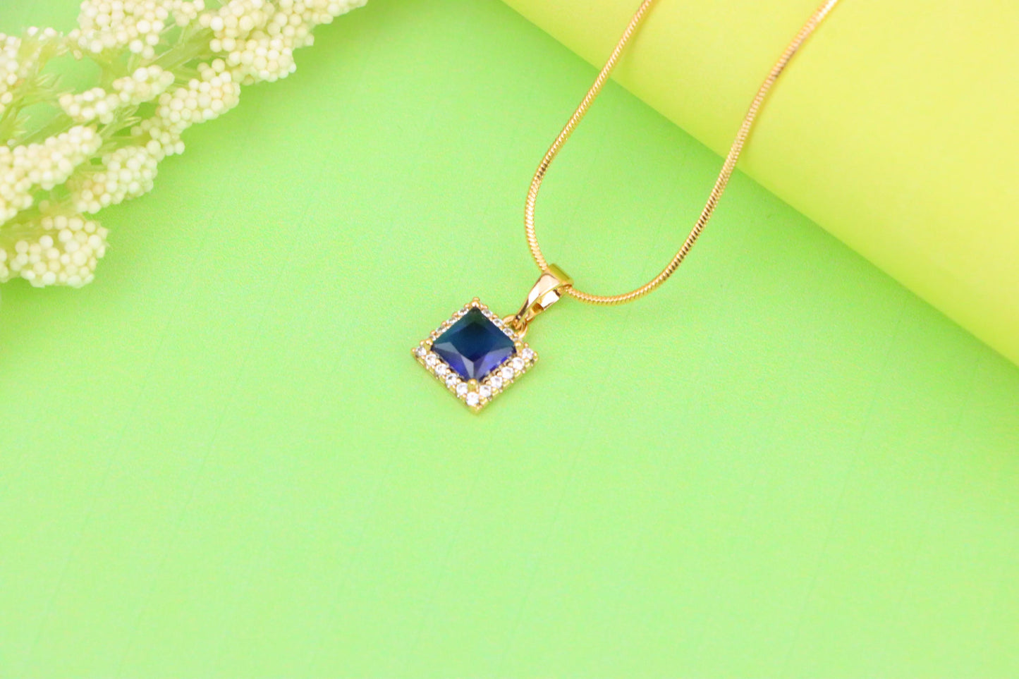 Rose Gold Pendant with Blue Square Stone and CZ Border, XPPT1258 (2126-4)