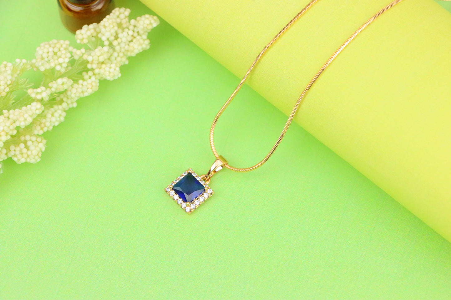 Rose Gold Pendant with Blue Square Stone and CZ Border, XPPT1258 (2126-4)