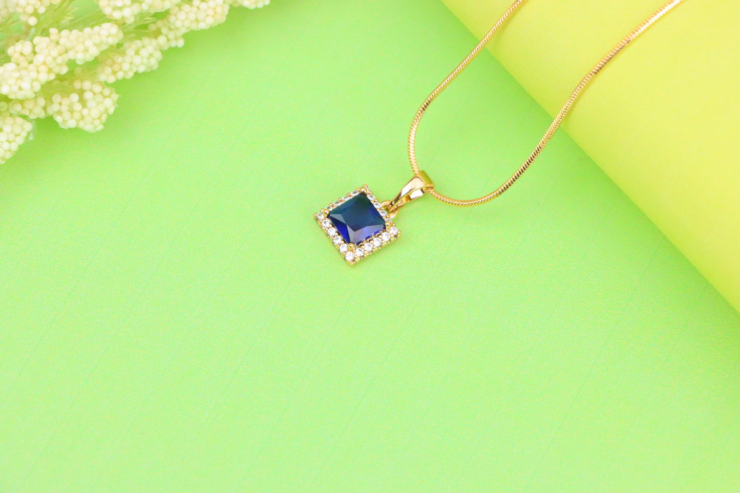 Rose Gold Pendant with Blue Square Stone and CZ Border, XPPT1258 (2126-4)