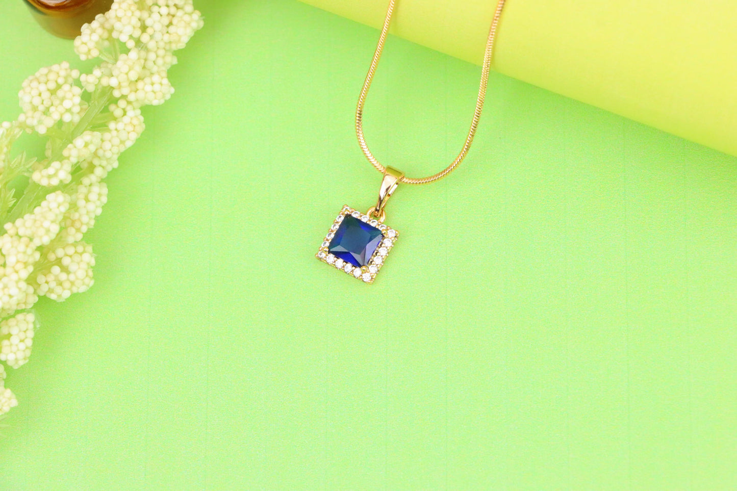 Rose Gold Pendant with Blue Square Stone and CZ Border, XPPT1258 (2126-4)