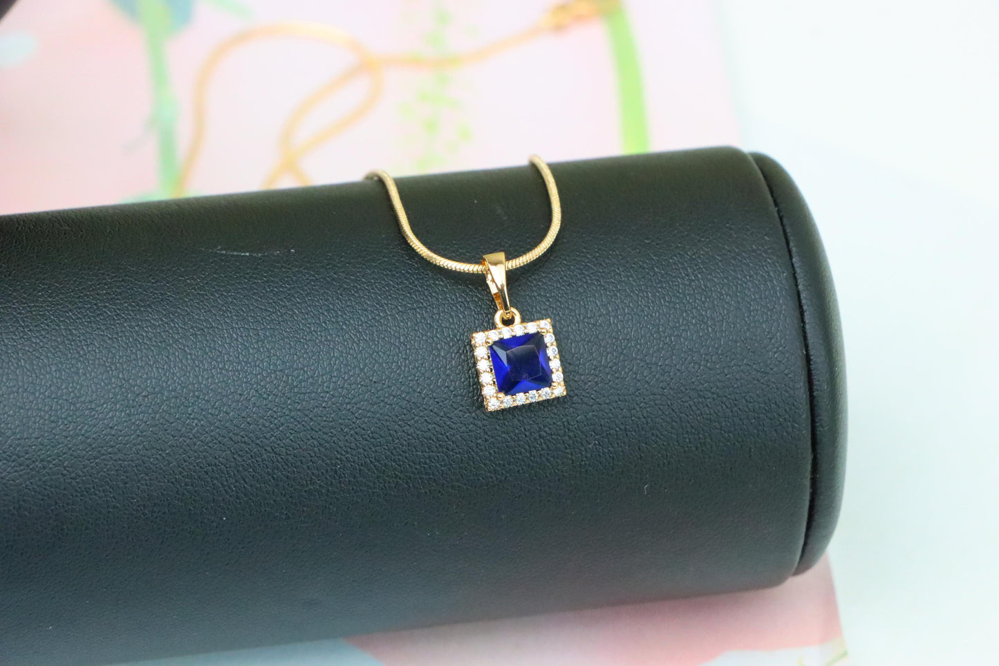 Rose Gold Pendant with Blue Square Stone and CZ Border, XPPT1258 (2126-4)
