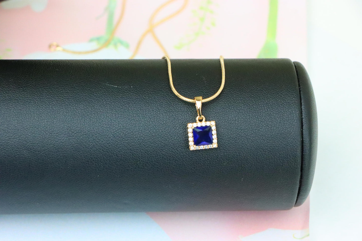 Rose Gold Pendant with Blue Square Stone and CZ Border, XPPT1258 (2126-4)