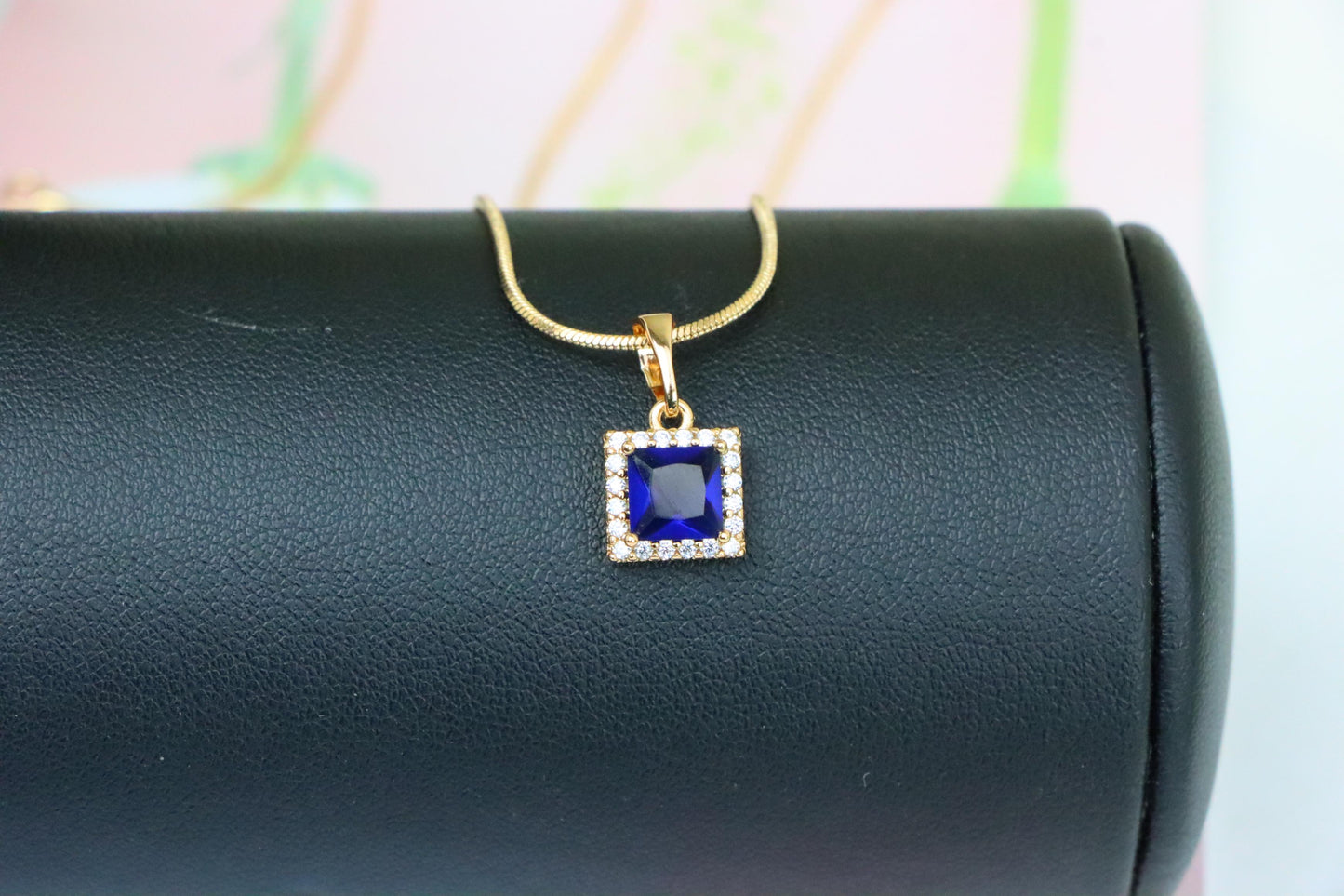 Rose Gold Pendant with Blue Square Stone and CZ Border, XPPT1258 (2126-4)