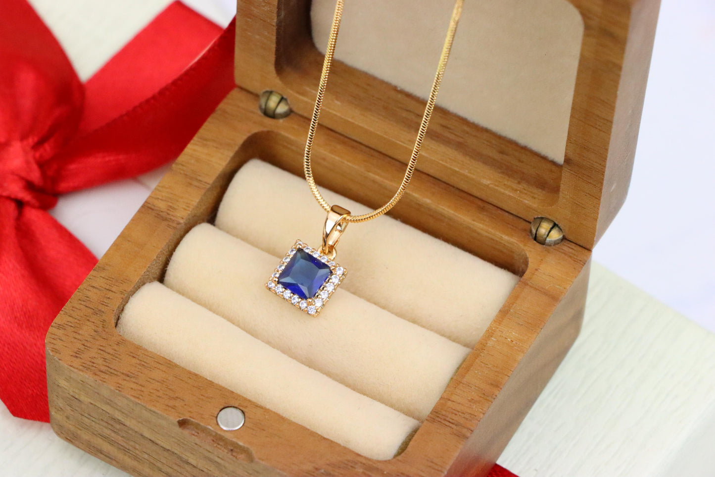 Rose Gold Pendant with Blue Square Stone and CZ Border, XPPT1258 (2126-4)