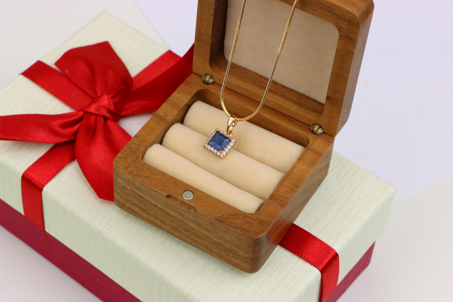 Rose Gold Pendant with Blue Square Stone and CZ Border, XPPT1258 (2126-4)