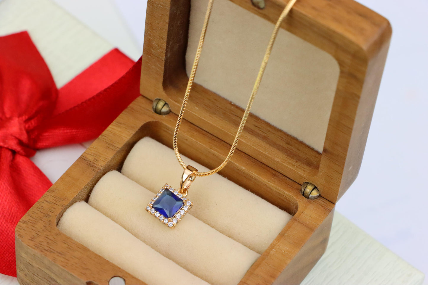 Rose Gold Pendant with Blue Square Stone and CZ Border, XPPT1258 (2126-4)