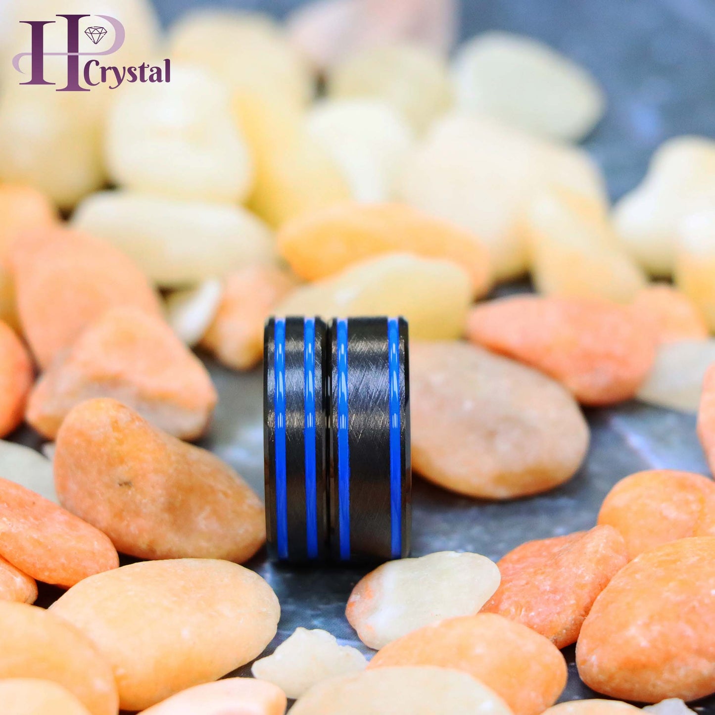 Black IP Beveled Edge, Blue IP Off Center Grooves Tungsten Ring