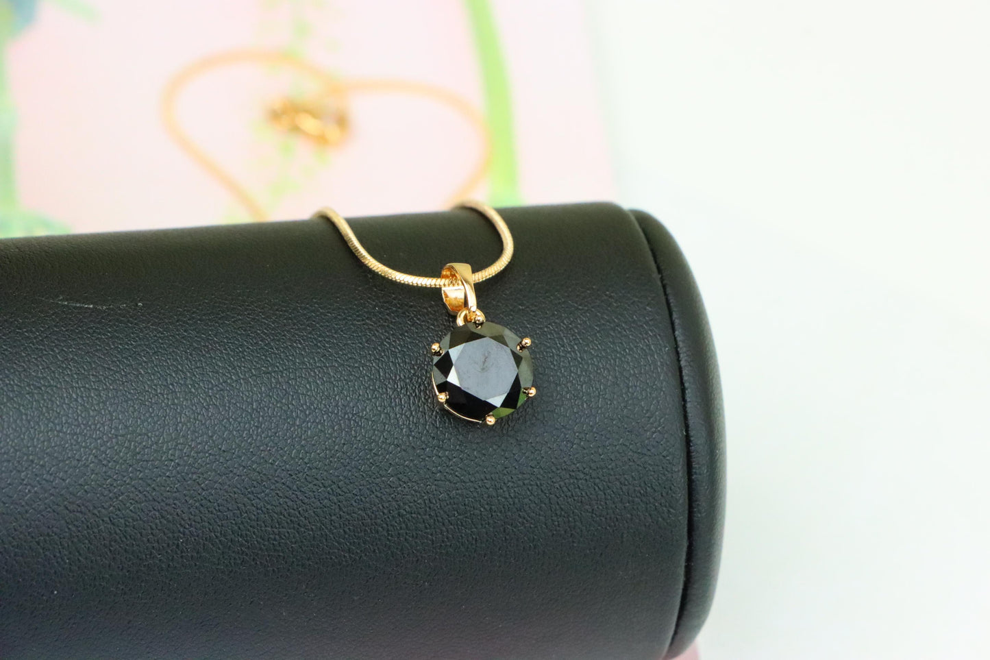 Round Black Stone Rose Gold Pendant with Classic Prong Setting, XPPT1261 (2126-7)
