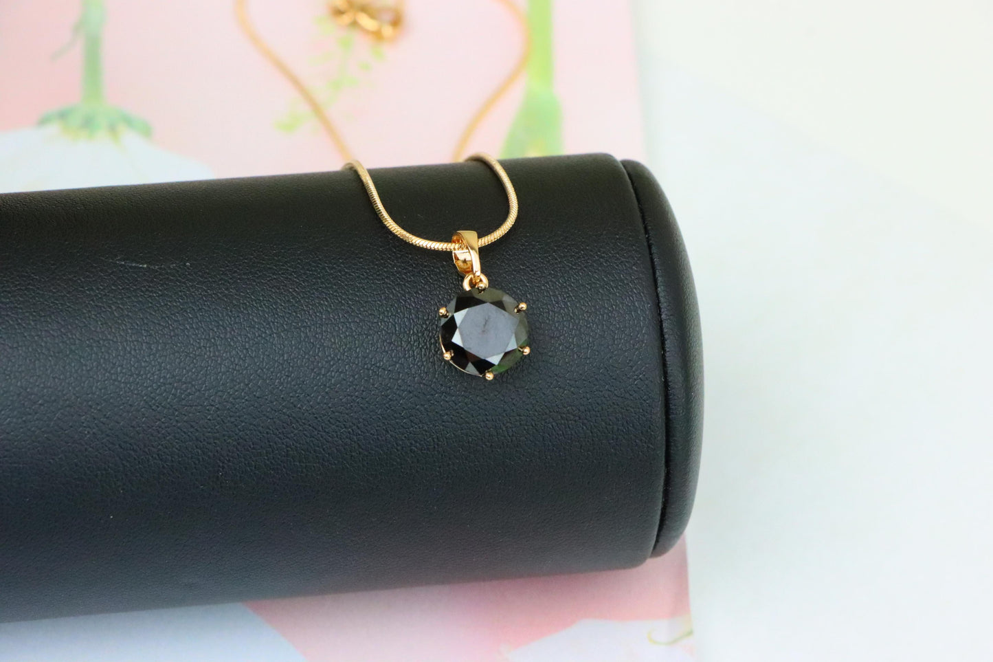 Round Black Stone Rose Gold Pendant with Classic Prong Setting, XPPT1261 (2126-7)