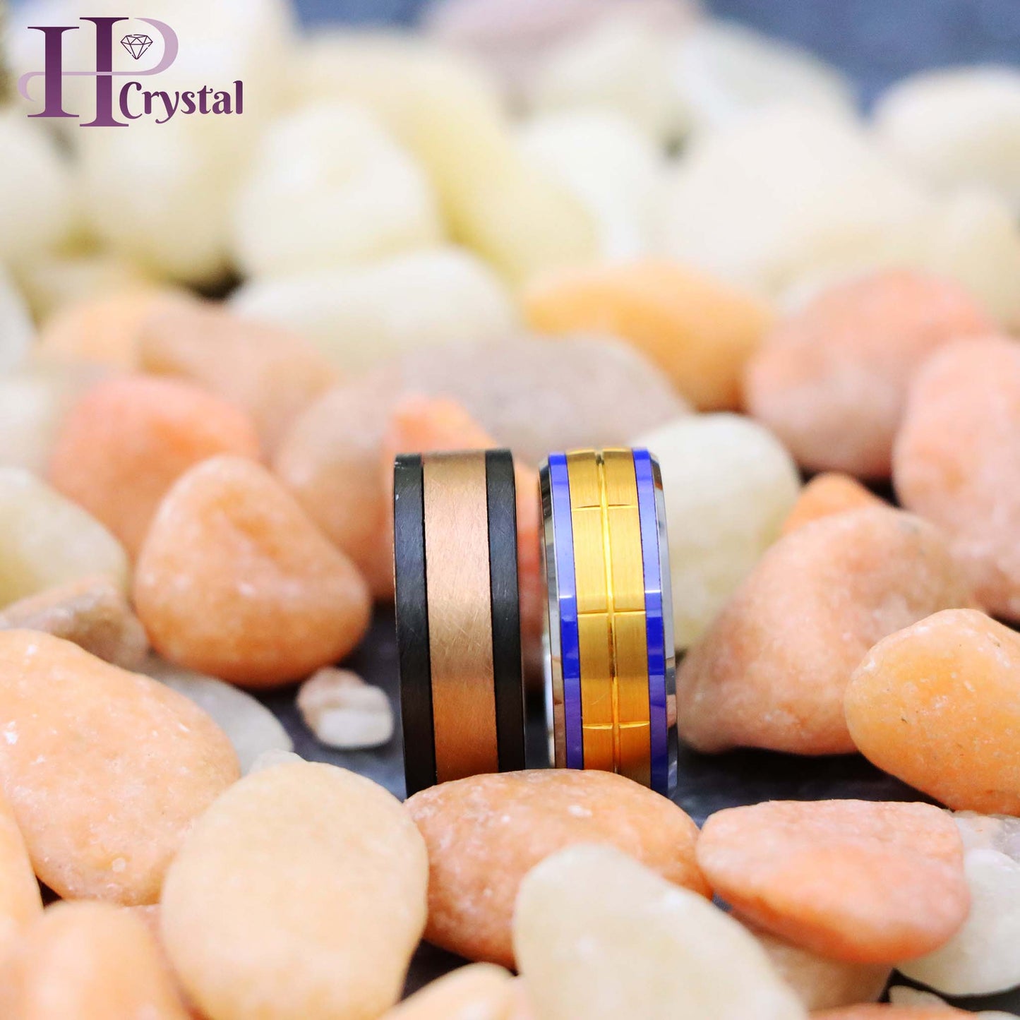 Rose Gold IP Plated Brushed Grooved Center Beveled Edge Tungsten Ring with Indigo Stripes, Forged Composite Carbon Fiber & Rose Gold Plated Center Band