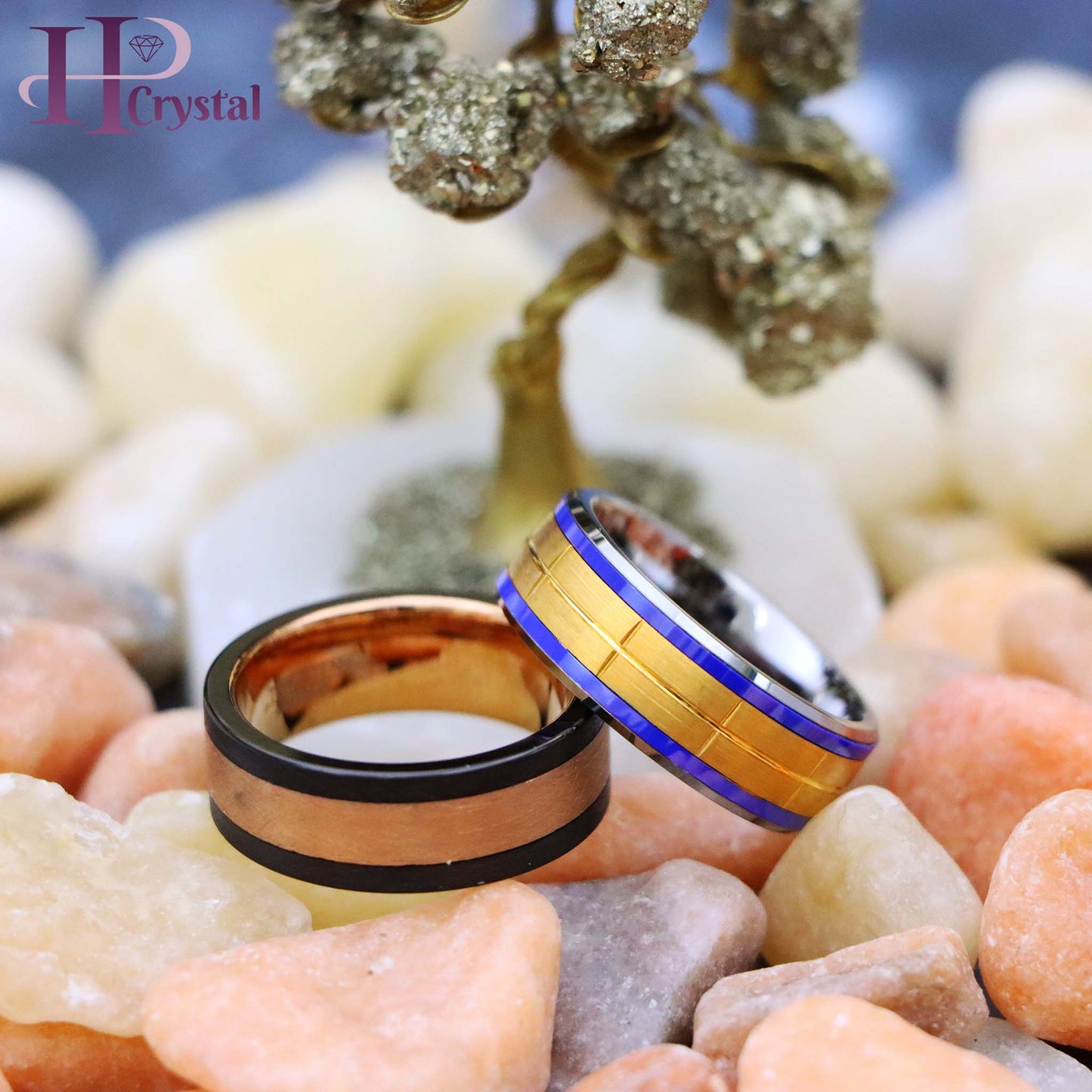 Rose Gold IP Plated Brushed Grooved Center Beveled Edge Tungsten Ring with Indigo Stripes, Forged Composite Carbon Fiber & Rose Gold Plated Center Band