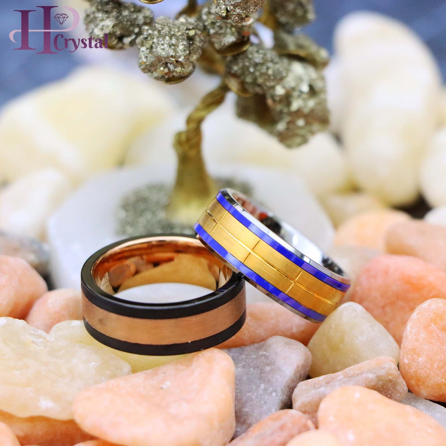 Rose Gold IP Plated Brushed Grooved Center Beveled Edge Tungsten Ring with Indigo Stripes, Forged Composite Carbon Fiber & Rose Gold Plated Center Band