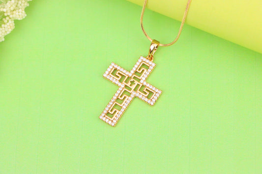 Rose Gold Cross Pendant with Greek Key and CZ Detail, XPPT1262 (2126-8)