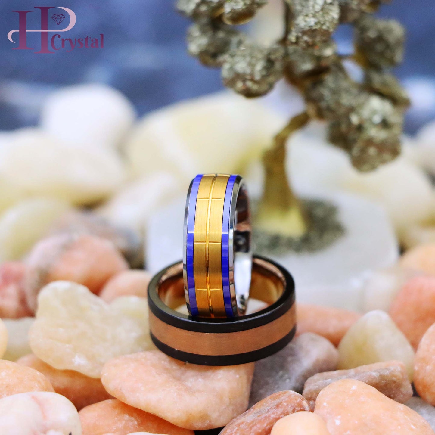 Rose Gold IP Plated Brushed Grooved Center Beveled Edge Tungsten Ring with Indigo Stripes, Forged Composite Carbon Fiber & Rose Gold Plated Center Band