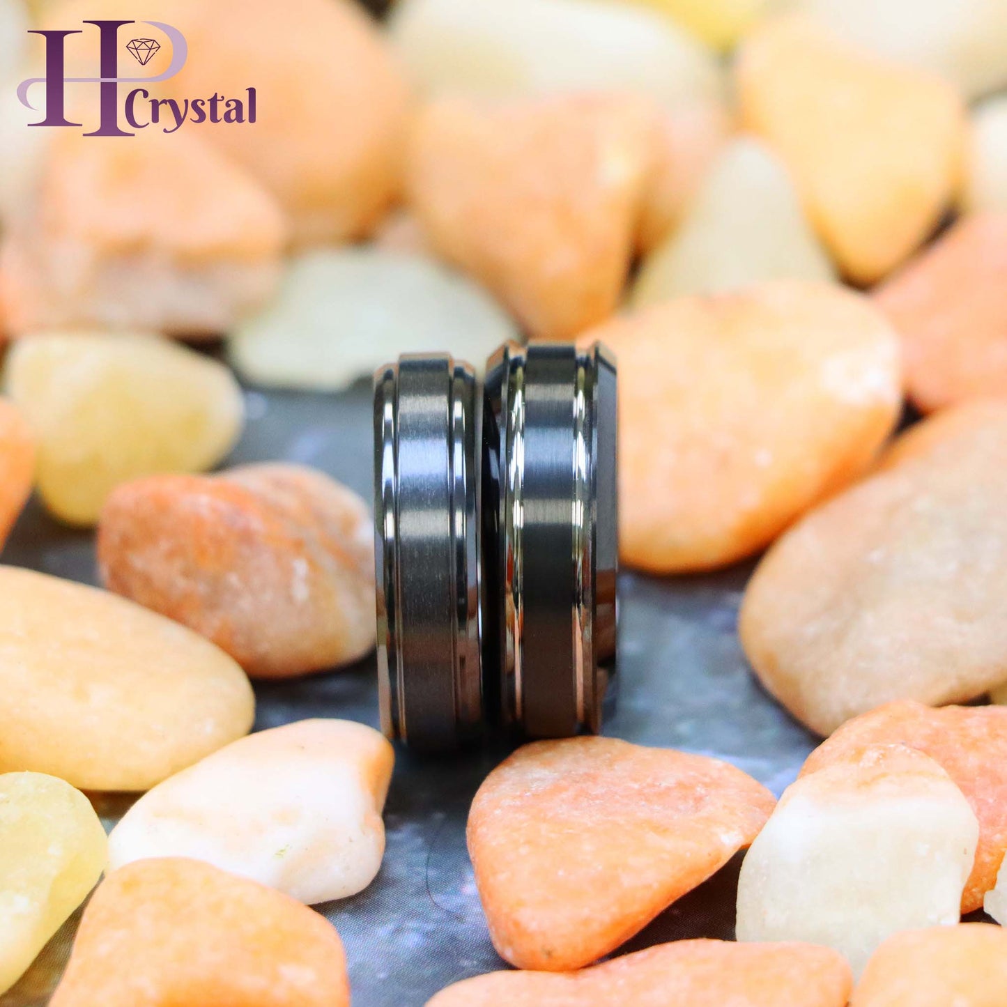 Two-tone Black IP Brushed Center & Stepped Edge Tungsten Ring Zirconium Natural Gun Metal Ring