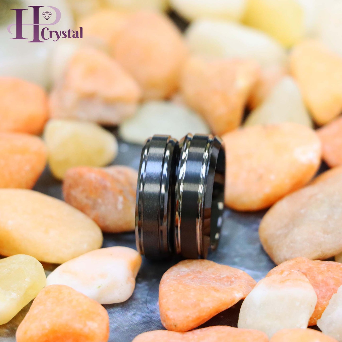 Two-tone Black IP Brushed Center & Stepped Edge Tungsten Ring Zirconium Natural Gun Metal Ring