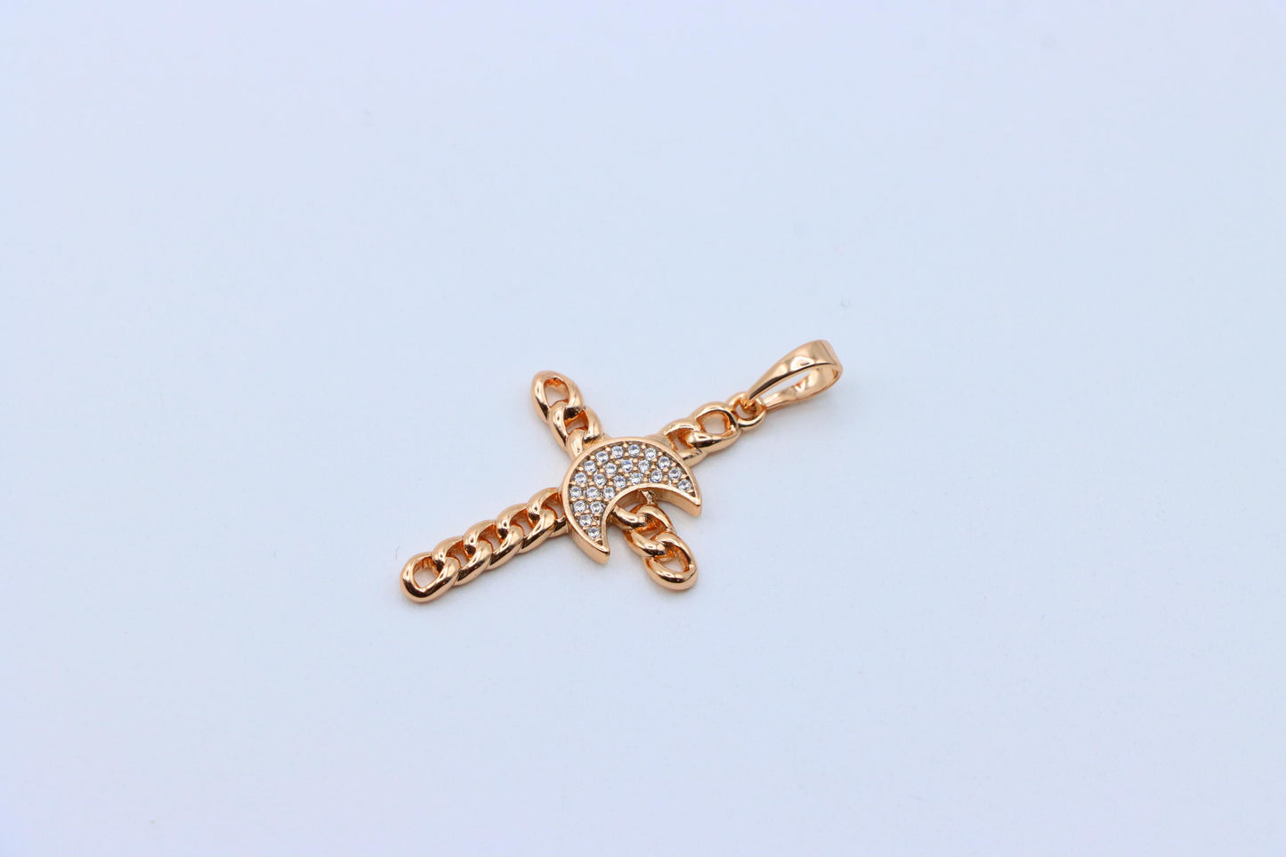 Rose Gold Chain Cross Pendant with CZ Crescent Accent, XPPT1263 (2126-9)