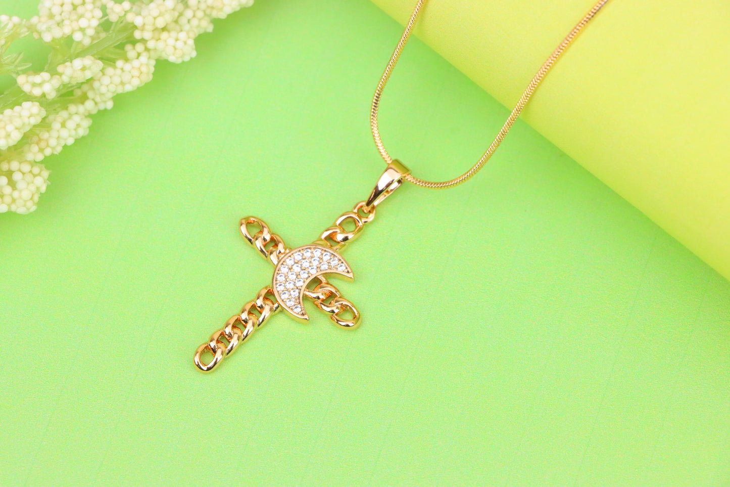 Rose Gold Chain Cross Pendant with CZ Crescent Accent, XPPT1263 (2126-9)