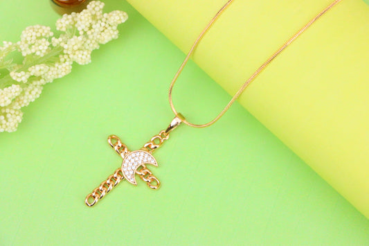 Rose Gold Chain Cross Pendant with CZ Crescent Accent, XPPT1263 (2126-9)