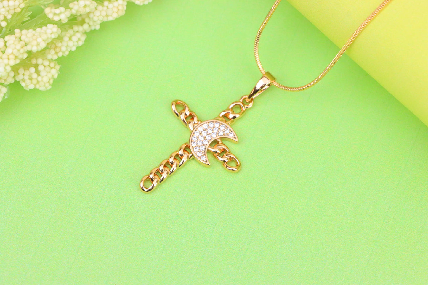 Rose Gold Chain Cross Pendant with CZ Crescent Accent, XPPT1263 (2126-9)