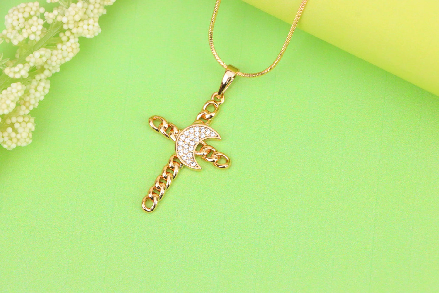 Rose Gold Chain Cross Pendant with CZ Crescent Accent, XPPT1263 (2126-9)