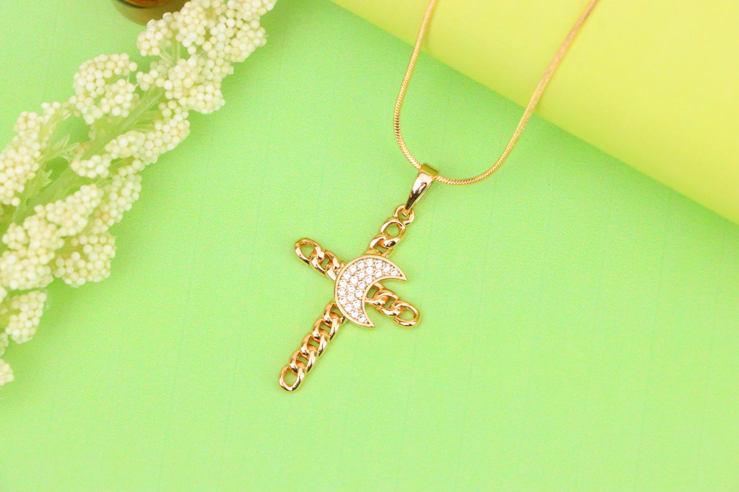 Rose Gold Chain Cross Pendant with CZ Crescent Accent, XPPT1263 (2126-9)