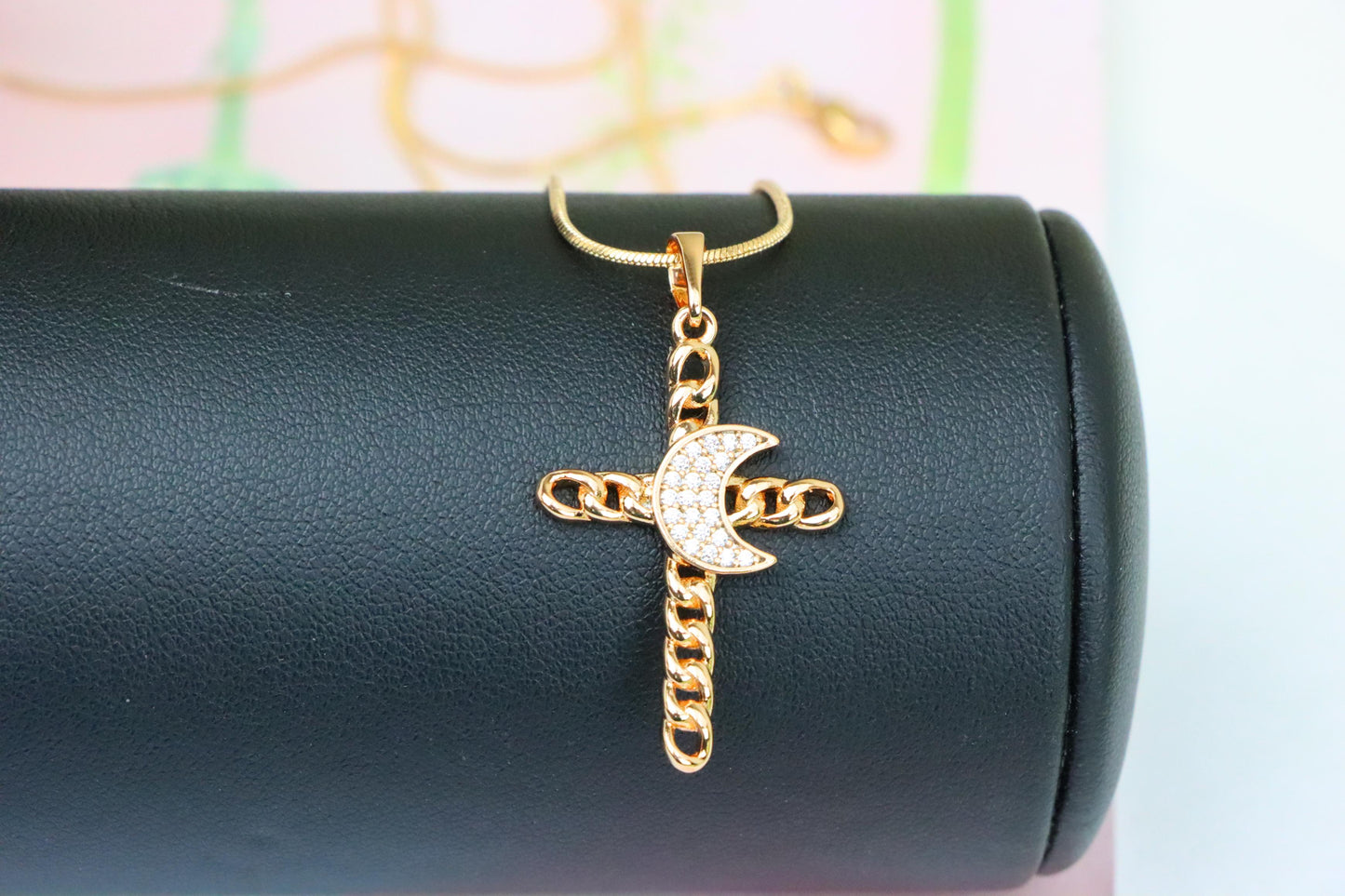 Rose Gold Chain Cross Pendant with CZ Crescent Accent, XPPT1263 (2126-9)