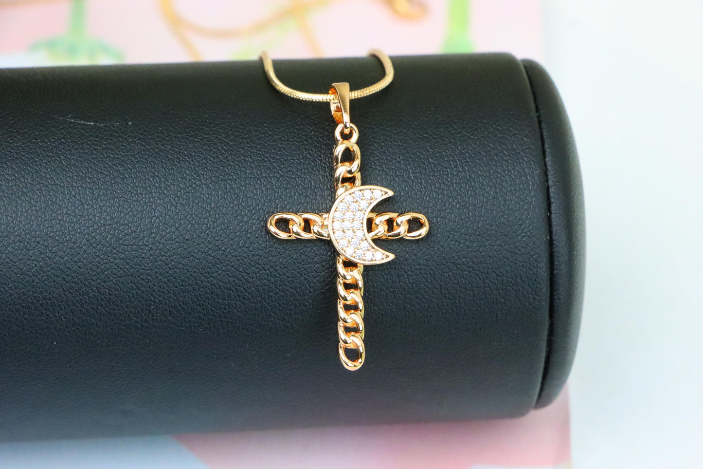 Rose Gold Chain Cross Pendant with CZ Crescent Accent, XPPT1263 (2126-9)