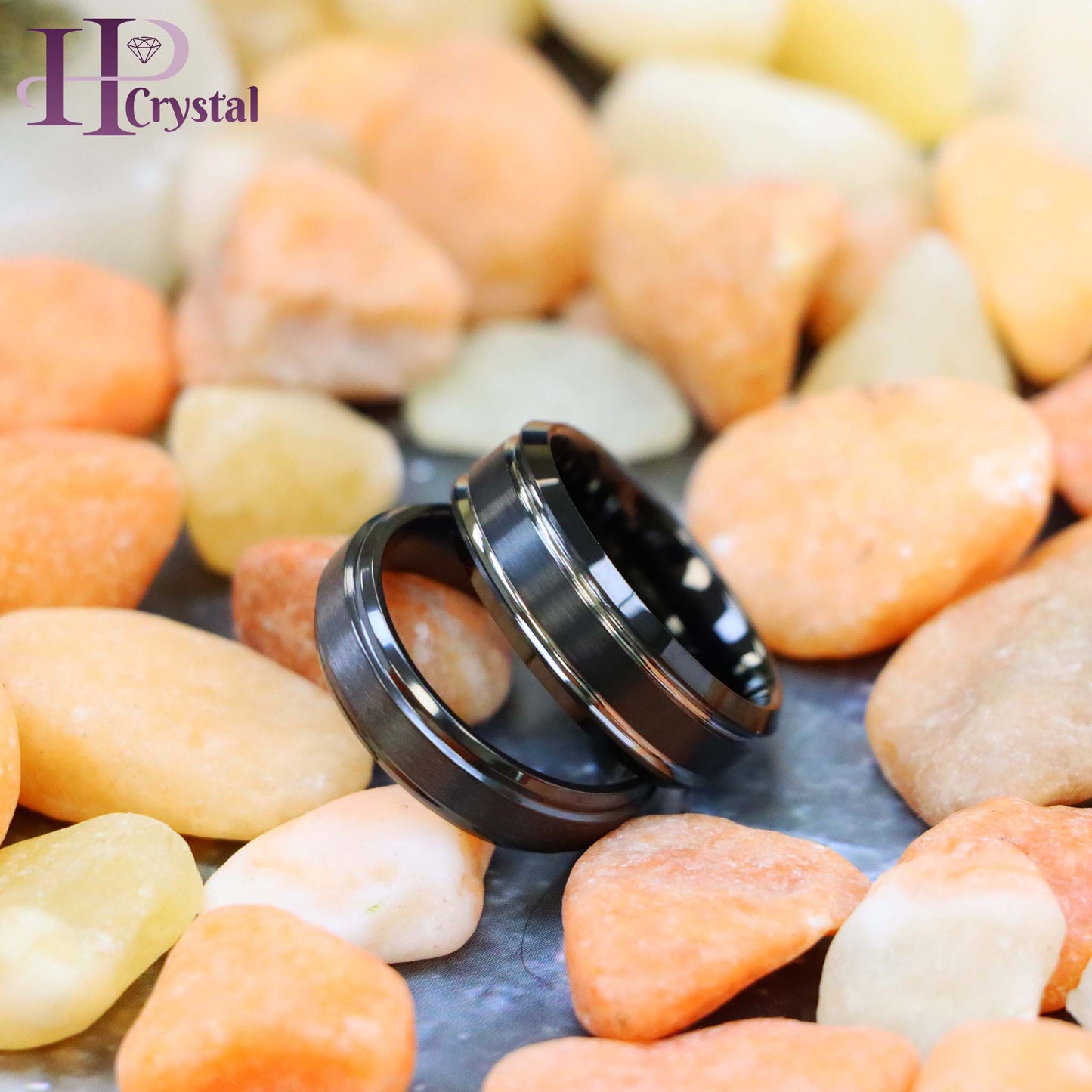 Two-tone Black IP Brushed Center & Stepped Edge Tungsten Ring Zirconium Natural Gun Metal Ring