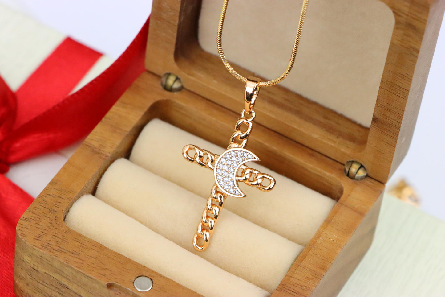 Rose Gold Chain Cross Pendant with CZ Crescent Accent, XPPT1263 (2126-9)