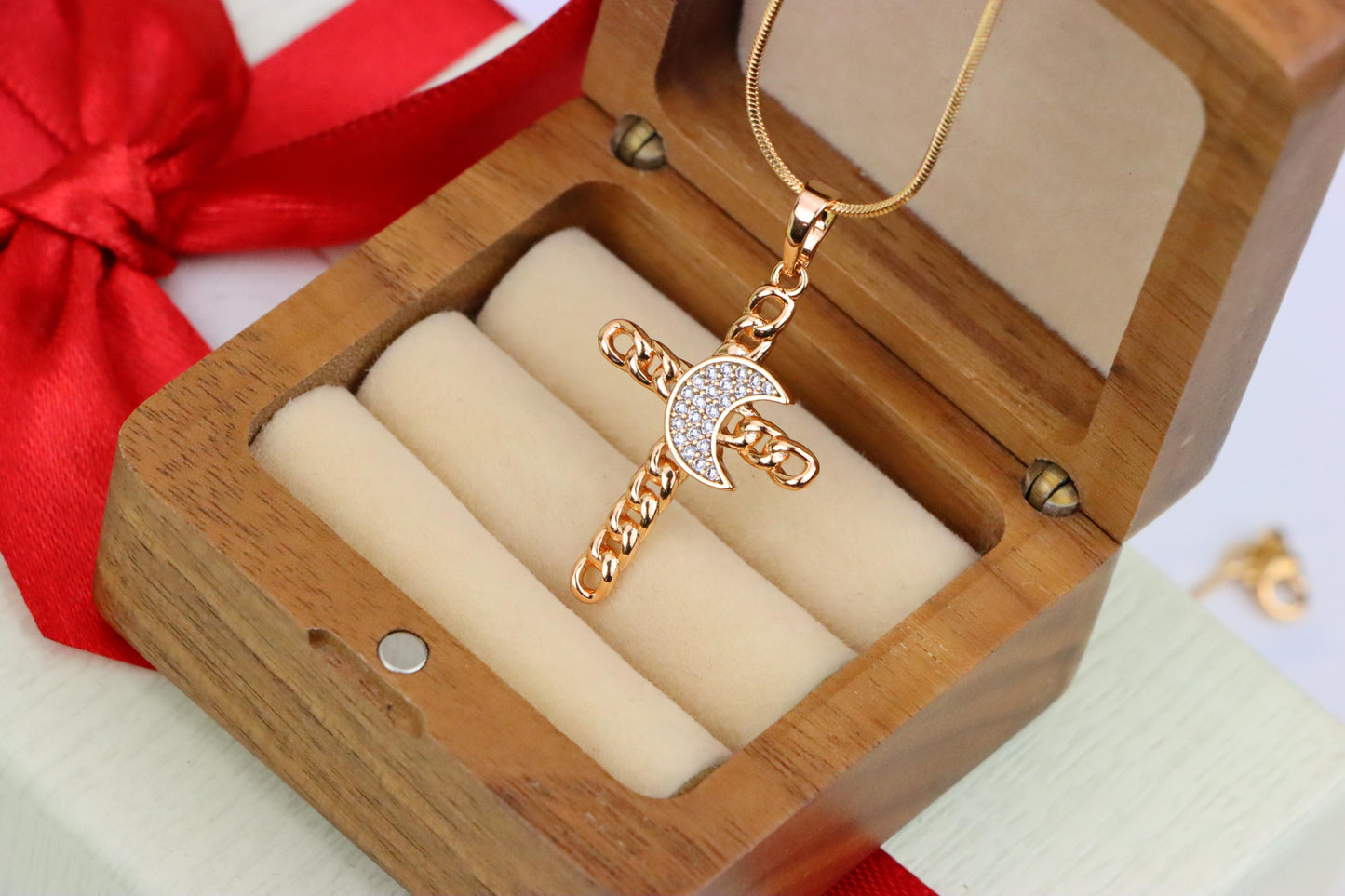 Rose Gold Chain Cross Pendant with CZ Crescent Accent, XPPT1263 (2126-9)