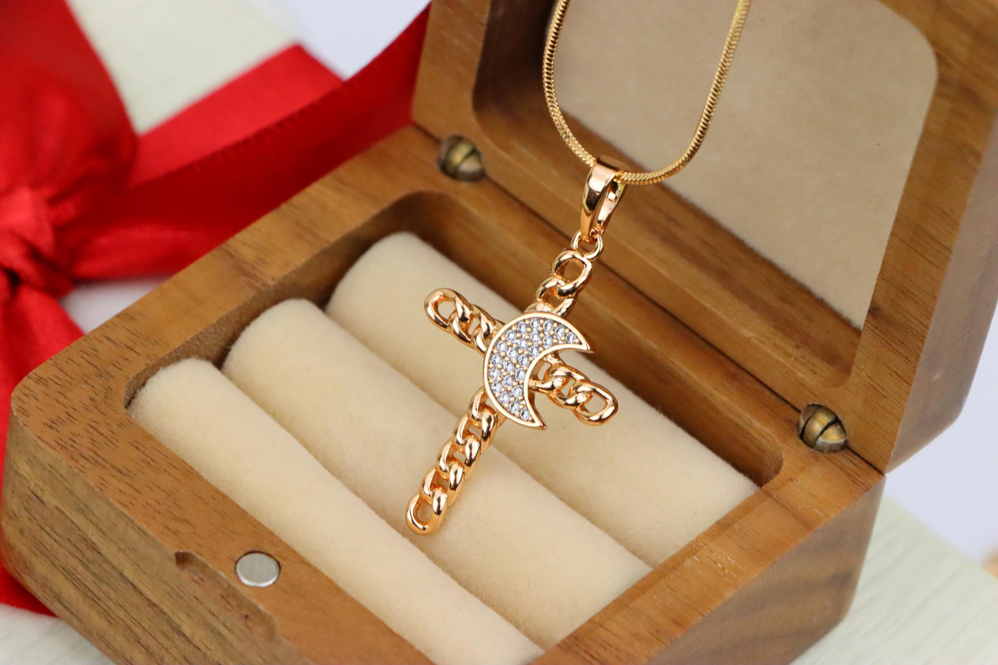 Rose Gold Chain Cross Pendant with CZ Crescent Accent, XPPT1263 (2126-9)
