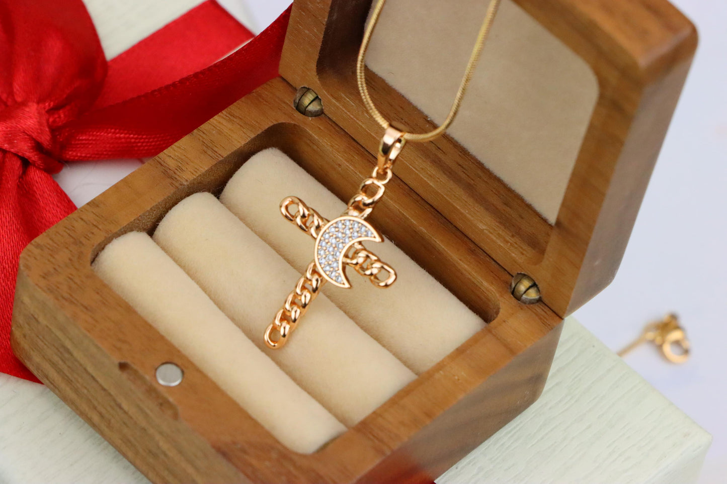 Rose Gold Chain Cross Pendant with CZ Crescent Accent, XPPT1263 (2126-9)