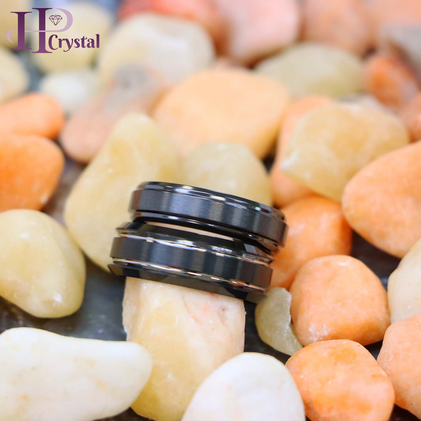 Two-tone Black IP Brushed Center & Stepped Edge Tungsten Ring Zirconium Natural Gun Metal Ring