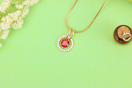 Elegant Red Halo Pendant in Gold Plated Brass with Crystal Accent, XPPT1710 (2150-7)