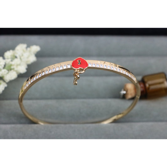 Rose Gold Bangle with Red Heart Lock and Key Charm Accent, XPBL0562 (2057-2)