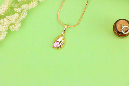 Gold Leaf Teardrop Pendant with Marquise Pink Stone Accent, XPPT1724 (2150-9)