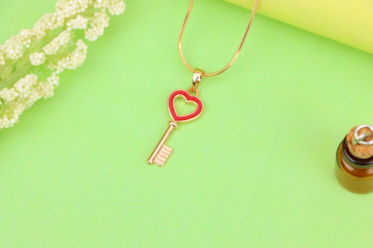Heart-Shaped Key Design Rose Gold Pendant with Red Enamel Accent, XPPT1280 (2128-6)