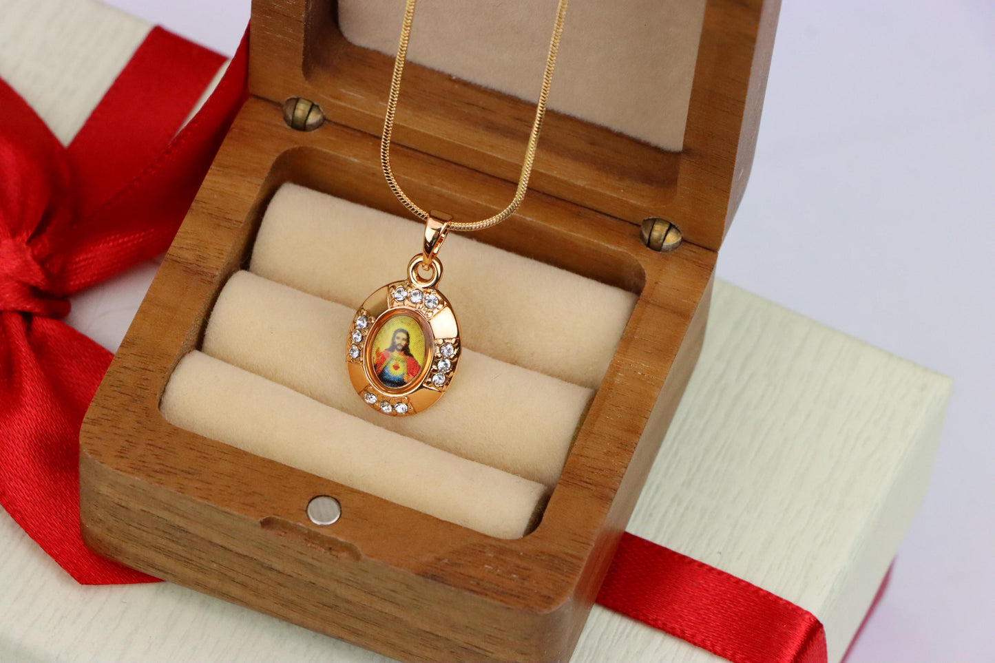 Sacred Heart Rose Gold Pendant with Crystals – Religious Jewelry, XPPT1737 (2151-2)