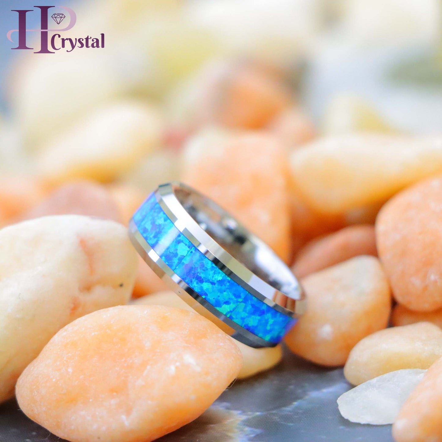 Synthetic Blue Green Opal Inlay Beveled Edge Tungsten Ring