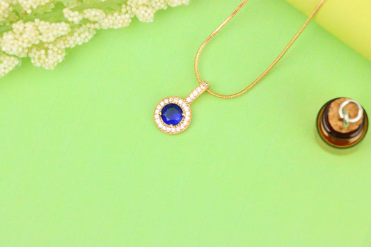 Gold Plated Blue Round Pendant with Crystal Halo for Women, XPPT1739 (2151-4)