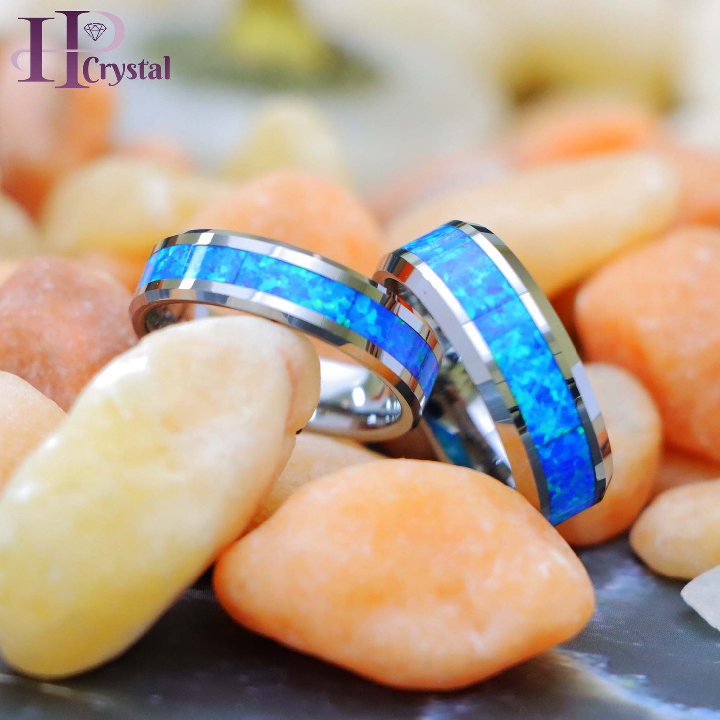 Synthetic Blue Green Opal Inlay Beveled Edge Tungsten Ring