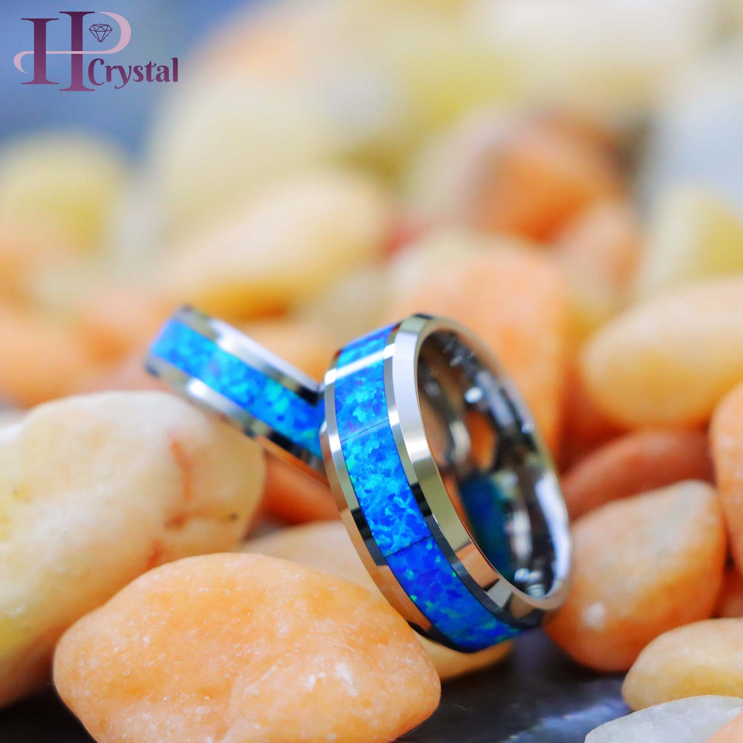 Synthetic Blue Green Opal Inlay Beveled Edge Tungsten Ring