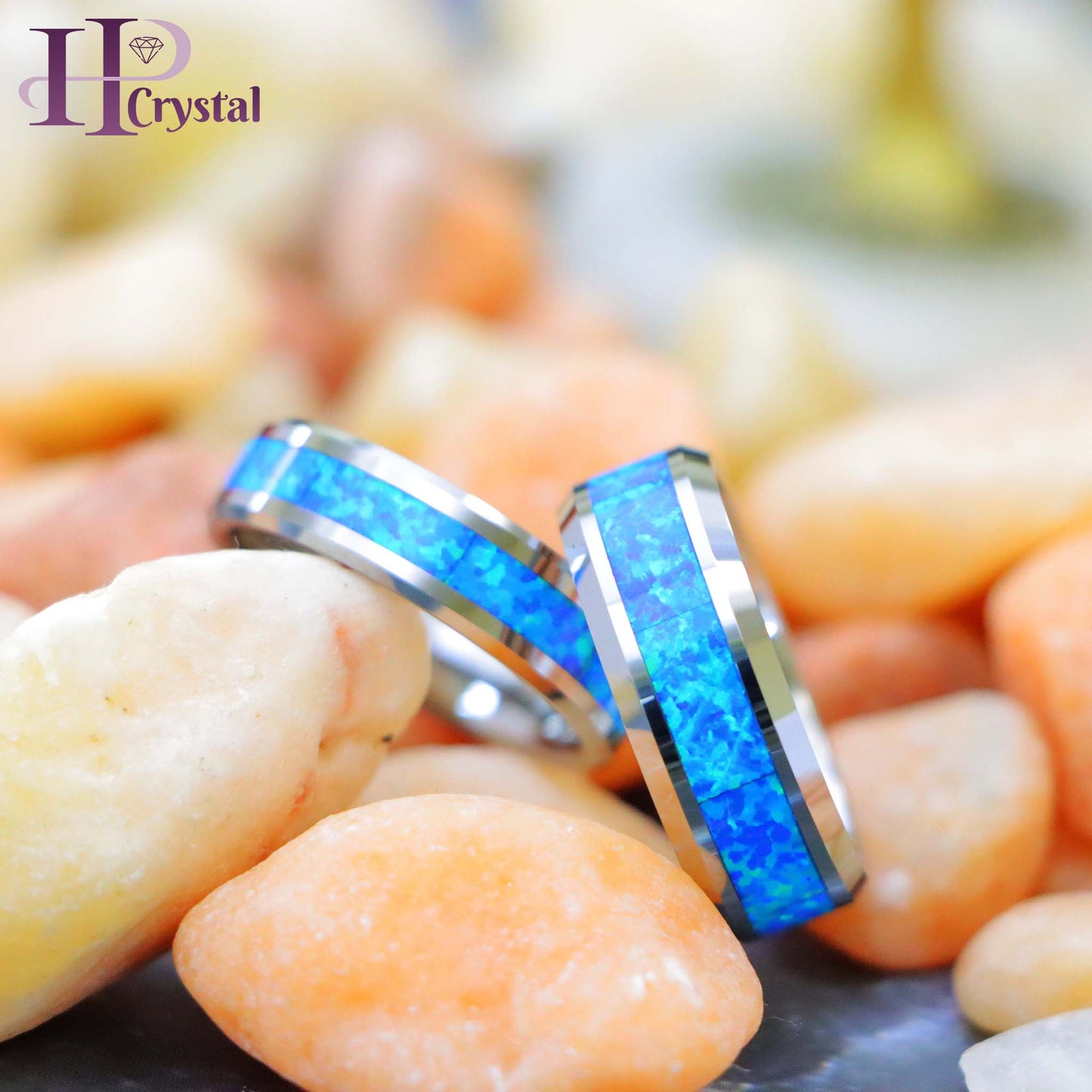 Synthetic Blue Green Opal Inlay Beveled Edge Tungsten Ring