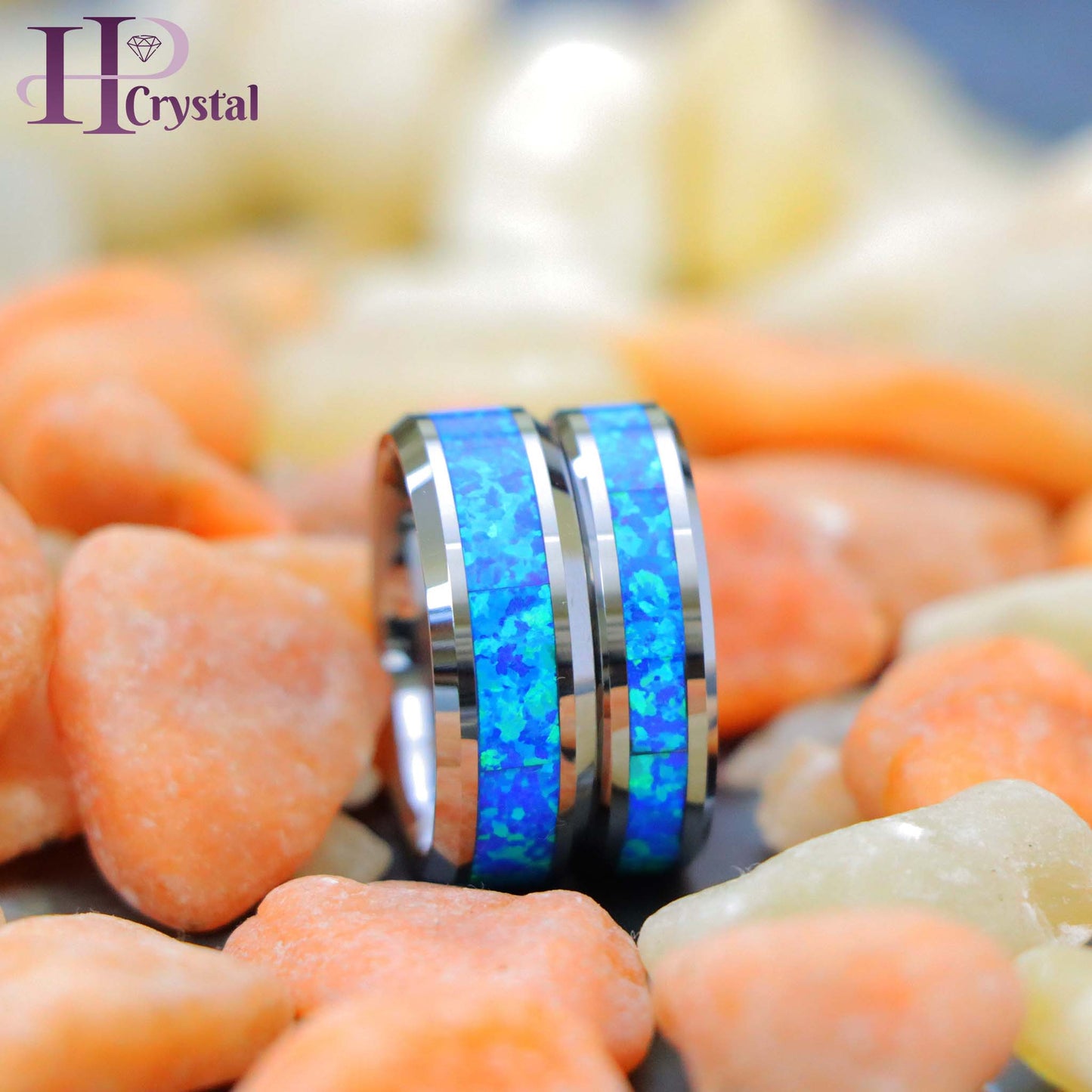 Synthetic Blue Green Opal Inlay Beveled Edge Tungsten Ring