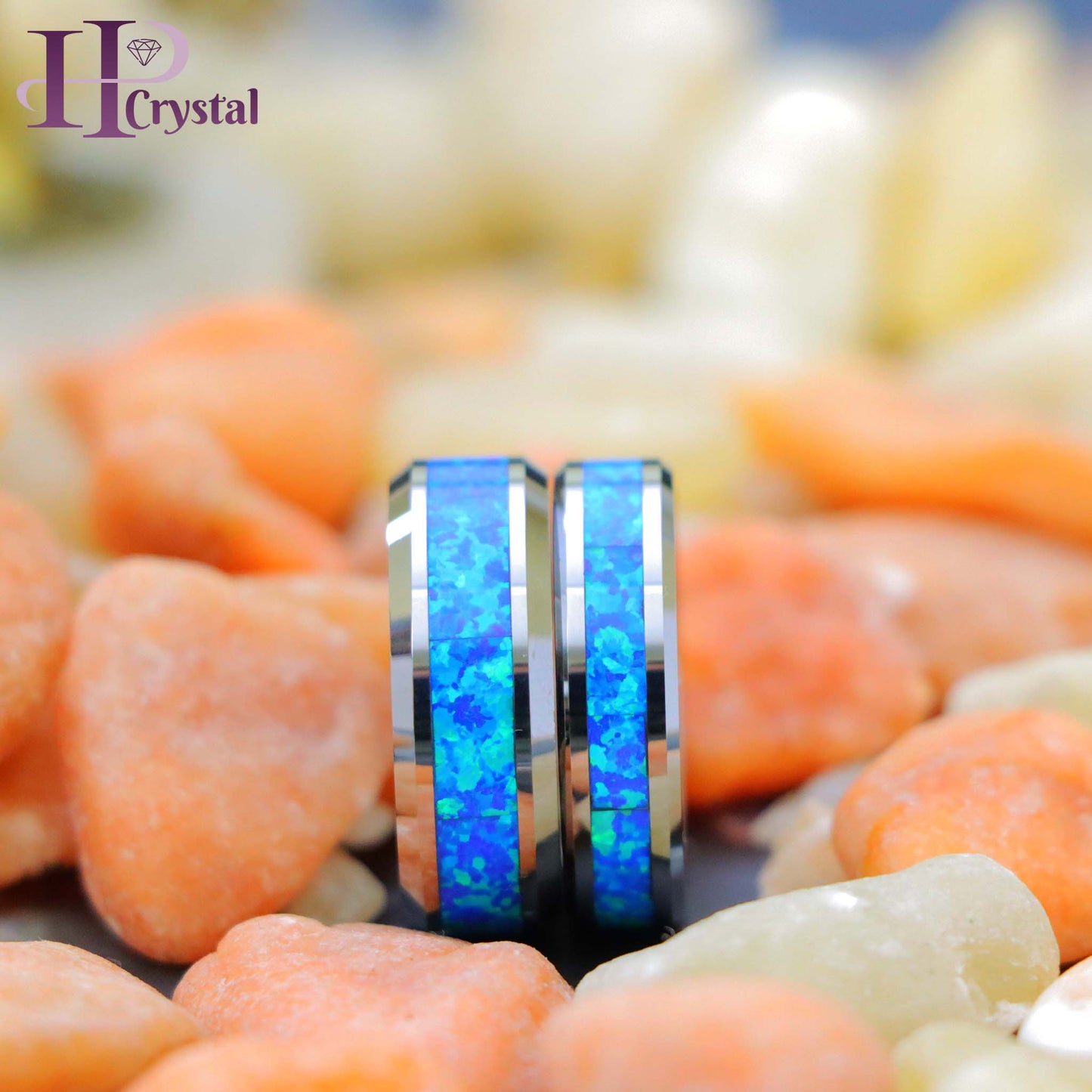 Synthetic Blue Green Opal Inlay Beveled Edge Tungsten Ring