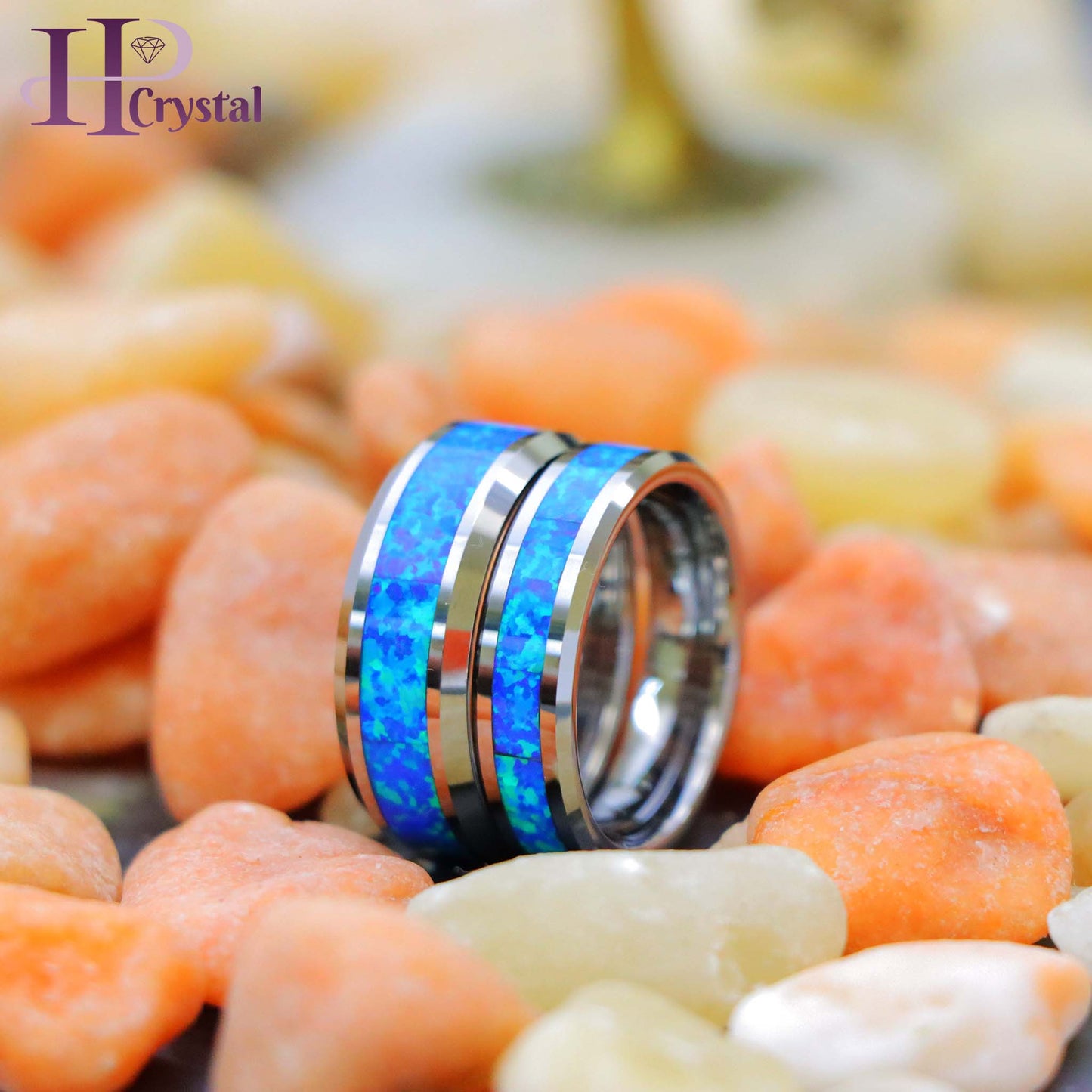 Synthetic Blue Green Opal Inlay Beveled Edge Tungsten Ring