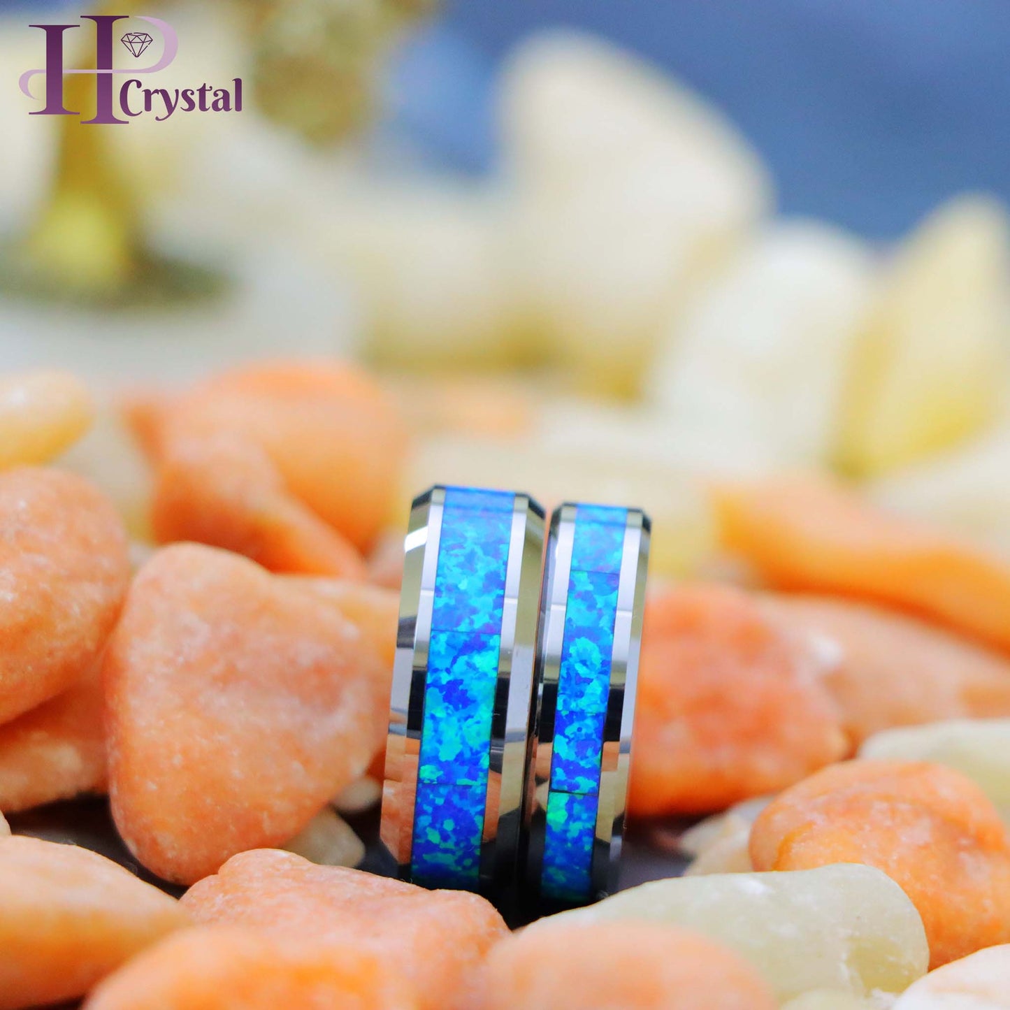 Synthetic Blue Green Opal Inlay Beveled Edge Tungsten Ring