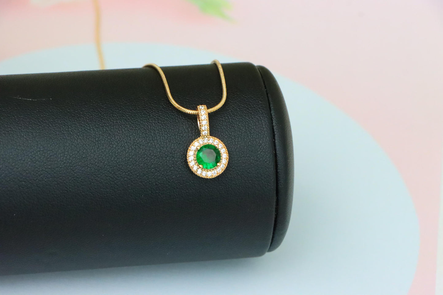 Elegant Gold Plated Green Stone Pendant with Crystal Halo Design, XPPT1741 (2151-4)